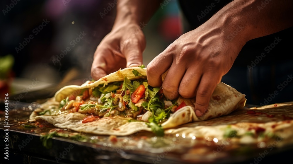 Street vendor folds savory crepe enticing street food aroma