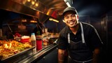 Chef in food truck serving tacos to hungry customers
