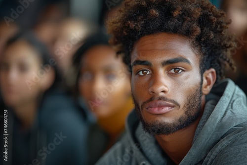 Close-up portrait of a young man with curly hair and intense gaze among a crowd © svastix