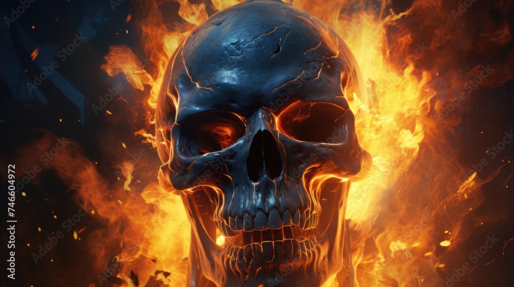 human skull in fire. death and hell. human skeleton and flame. - obrazy, fototapety, plakaty 