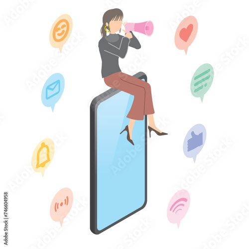 SNSで発信する女性のイラスト