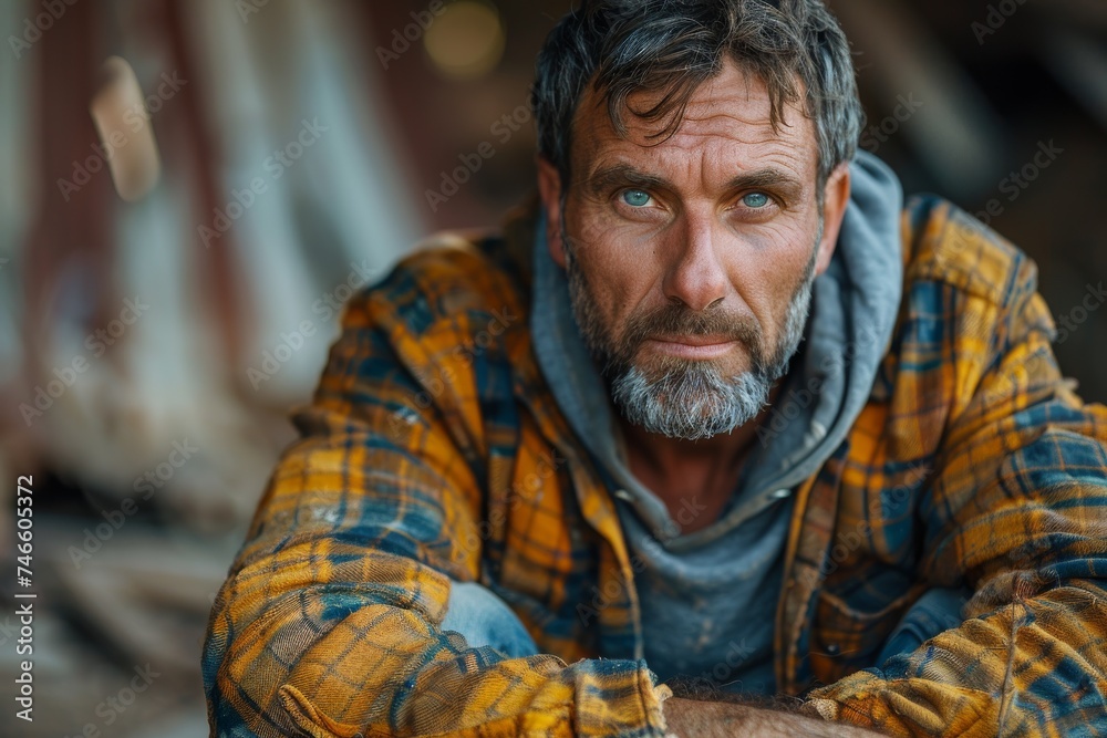 Portrait of a mature man with striking eyes wearing plaid, reflecting in an outdoor setting Portrait of a mature man with striking eyes wearing plaid, reflecting in an outdoor setting