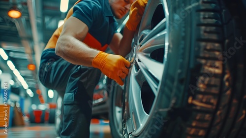 Car care maintenance and servicing, Tires in the auto repair service center, customer of a tire dealer, repairing change spare part problem and insurance service support the range of car check. photo