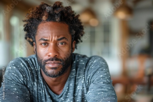 A portrait of a contemplative African American man with curly hair, wearing a grey shirt, conveying a serious expression