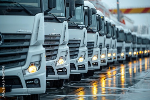 A close-up view of the front of a fleet of white trucks parked in a line, reflecting on the wet surface below them