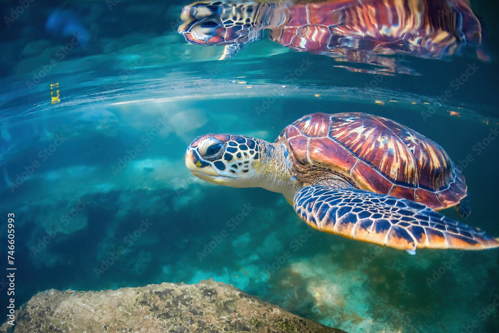 Obraz premium Green turtle swimming close to the surface