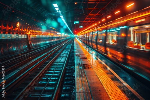 Long exposure shot of a subway station with a train in motion, creating light trails and a sense of speed