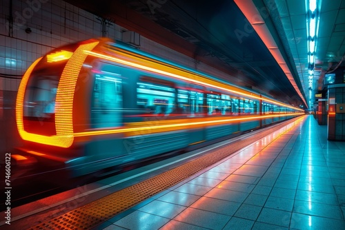 An underground metro train captured in motion, with vibrant lights creating a dynamic streaked effect in the station