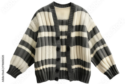 a gray and white striped cardigan with an open front and long sleeves isolated on transparent background, png file © AI ARTS