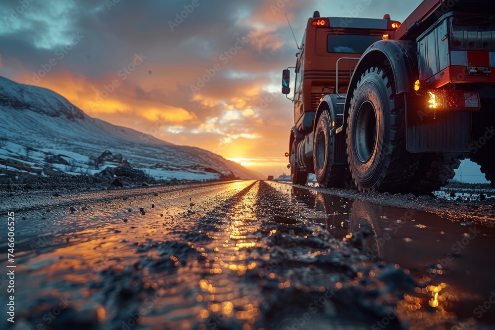 A majestic sunset lights up the sky as a large construction truck maneuvers on a wet road - obrazy, fototapety, plakaty 
