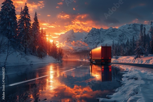 A red truck traverses a snowy landscape under a majestic winter sunset, reflecting in a frozen lake © svastix
