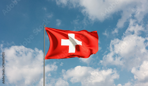 Flag Switzerland against cloudy sky. Country, nation, union, banner, government, swiss culture, politics. 3D illustration