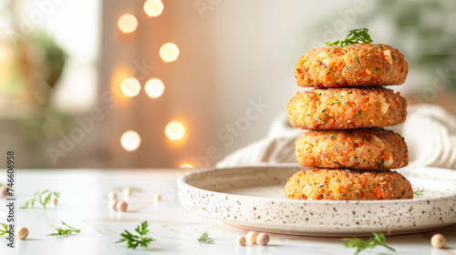 Cauliflower and carrot patties stack on white plate. Vegetarian vegan burgers patty with vegetables and herbs. Light background. Side view, copy space. Restaurant menu, recipe photo