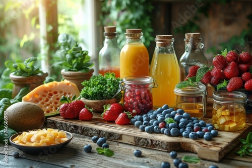 A rustic table is beautifully arranged with bottles of orange juice, fresh herbs, and an assortment of berries and fruits