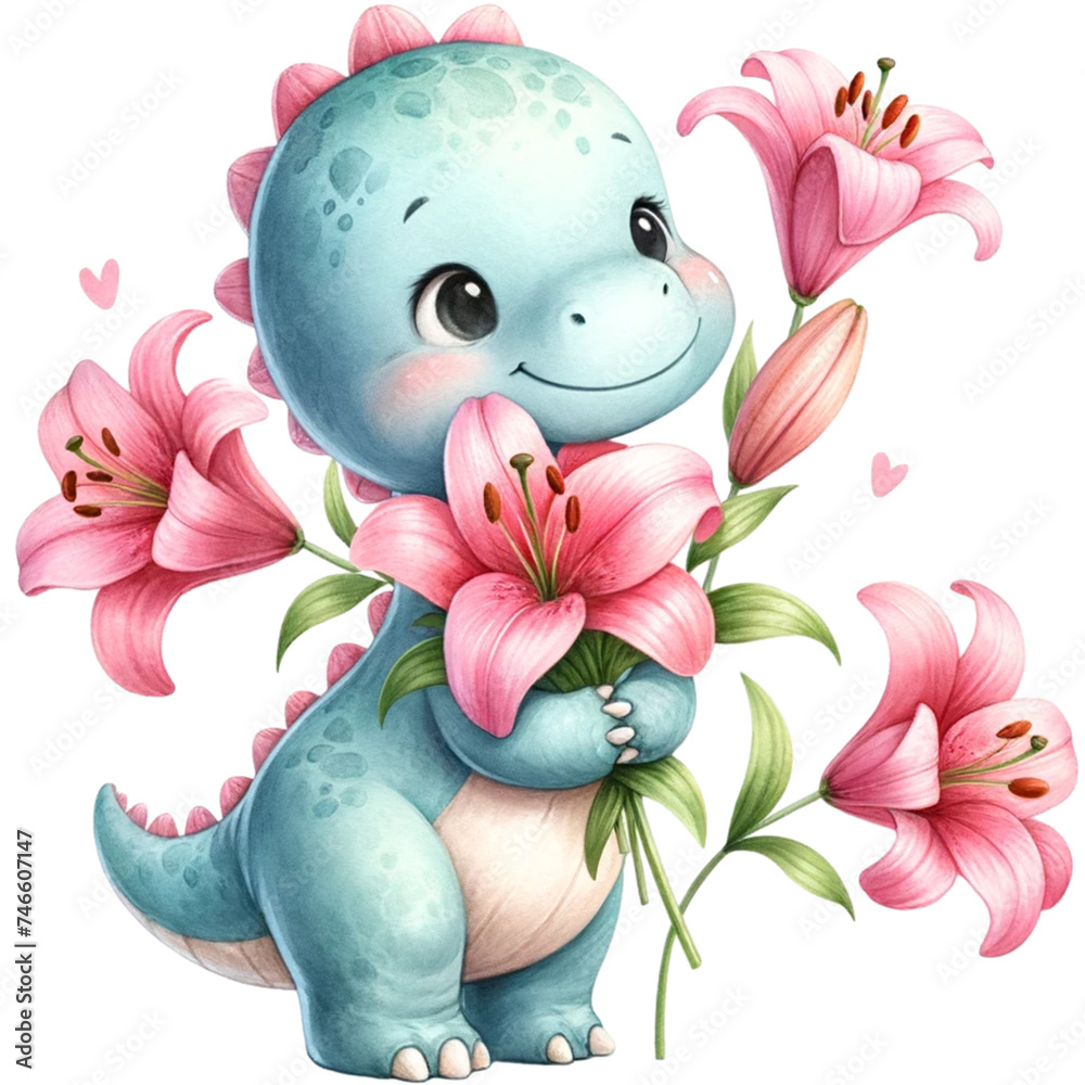 cute watercolor dinosaur in spring time