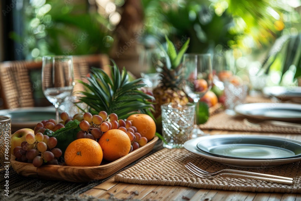 An inviting tropical table scene with wine glasses, a tray of oranges, and pineapples enhancing the luxury dining experience