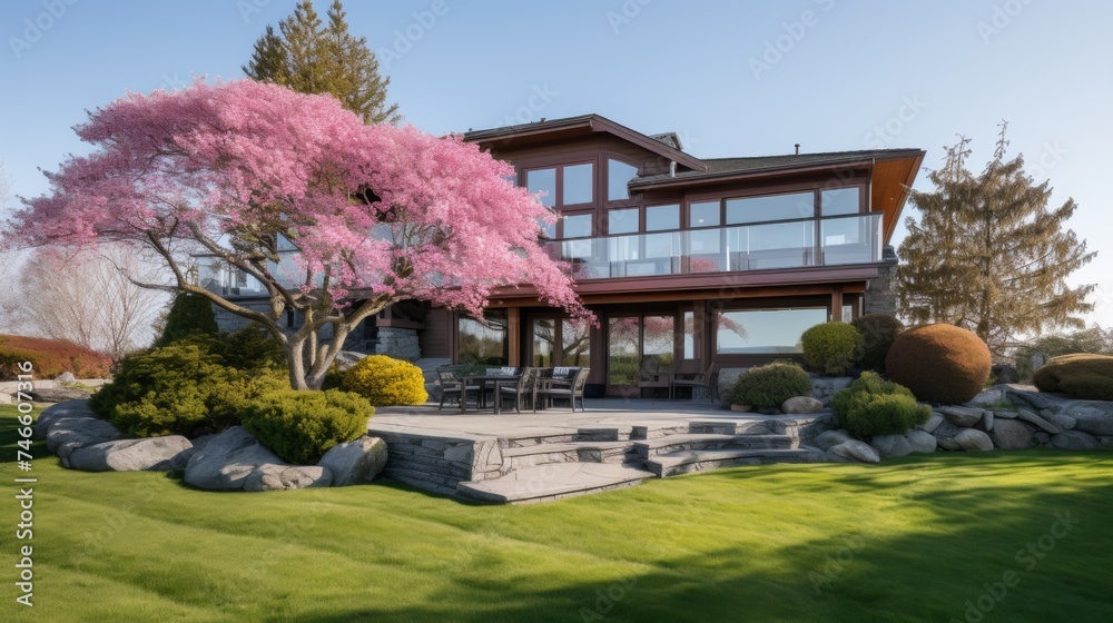 Beautiful home exterior with green grass and blooming sakura trees in spring season
