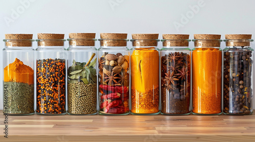 Jars filled with exotic spices on a kitchen shelf photo