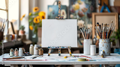 Blank white canvas on tabletop with blurred art supplies background ideal for showcasing art or craft products