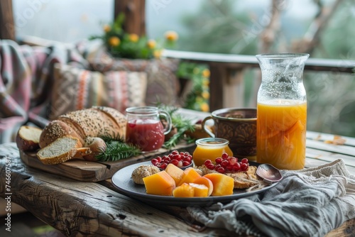 An appetizing breakfast spread featuring fresh fruits and juice on a rustic table with a picturesque nature backdrop