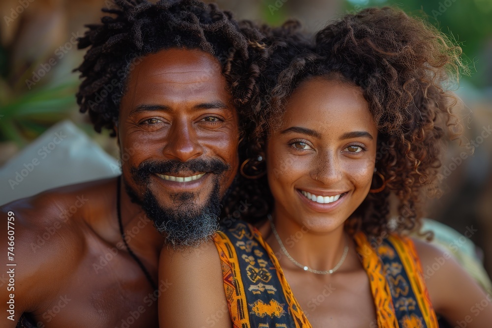 Happy couple with bright smiles embracing in a tropical setting Happy couple with bright smiles embracing in a tropical setting