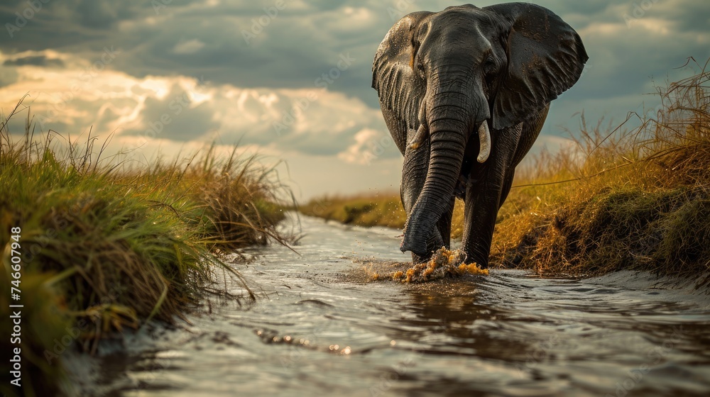 Fototapeta premium African elephants drinking at a waterhole, National Park Botswana