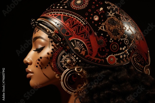 Side profile of a woman with a decorative headdress and makeup