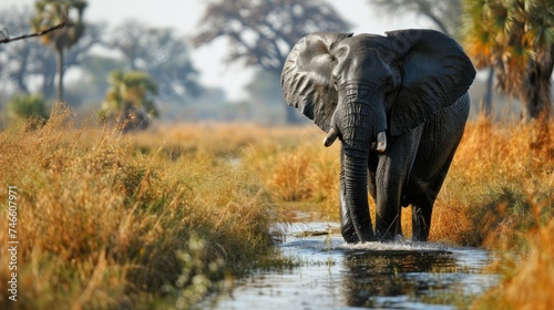  African elephants drinking at a waterhole, National Park Botswana