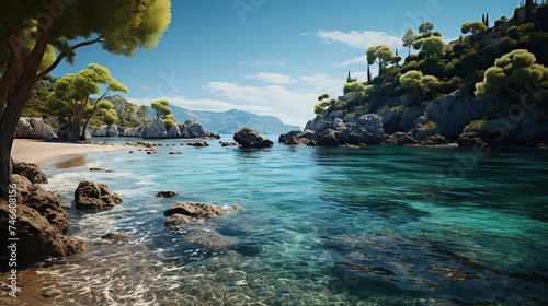 a beach  surrounded by rocks  trees  and clear  blue water  in the style of uhd image  landscapes  mediterranean-inspired  dark amber and cyan  romantic scenery  32k uhd