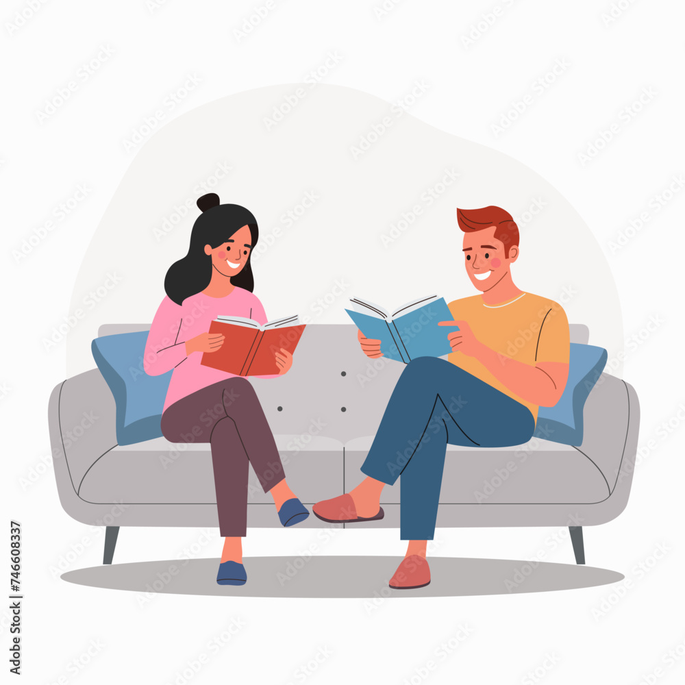 Man and woman reading books on the sofa. Flat style cartoon vector illustration.