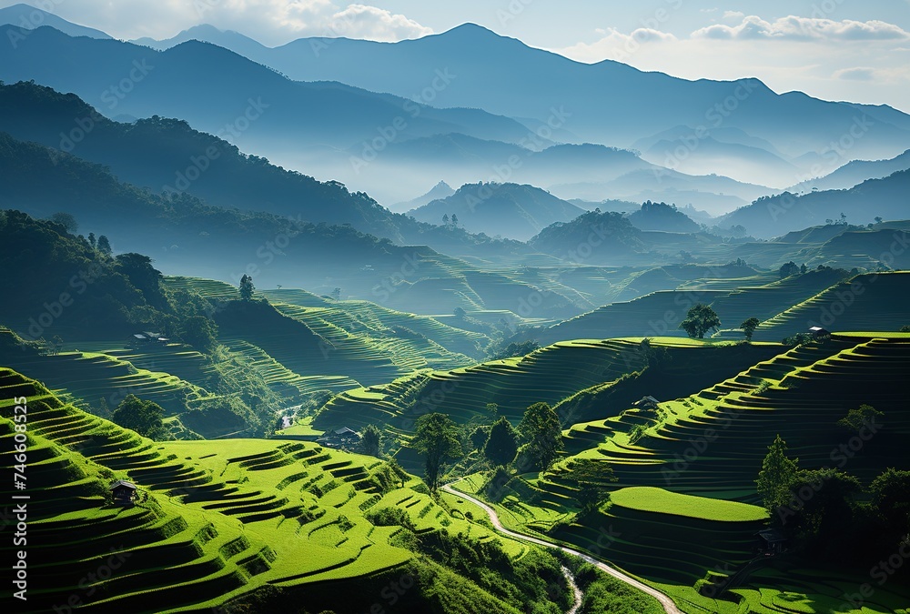 a beautiful green valley in china, in the style of harmonious color schemes, atmosphere of dreamlike quality