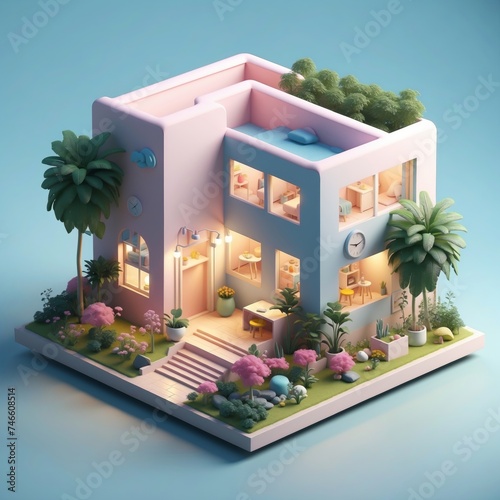 3D isometric cute Modern House with Trees and Decorations in the Cityscape. create with ai