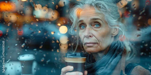 A senior blonde Caucasian woman, her hair carrying the soft glow of wisdom, embraces a tranquil coffee moment within a double exposure image.