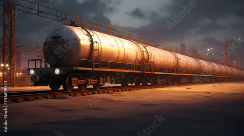 Last tank with oil petroleum of the cargo train. Railway fuel supply. Neural network AI generated art