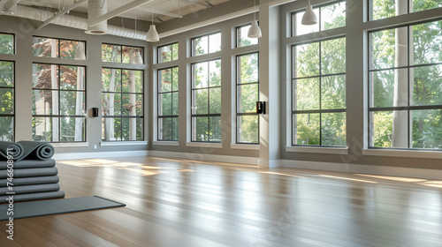 Bright and Airy Yoga Studio with Rolled Mats