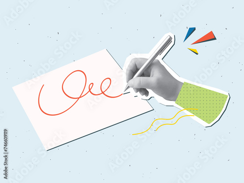 Black and white hand writes with a pen. Vector illustration in a modern collage style