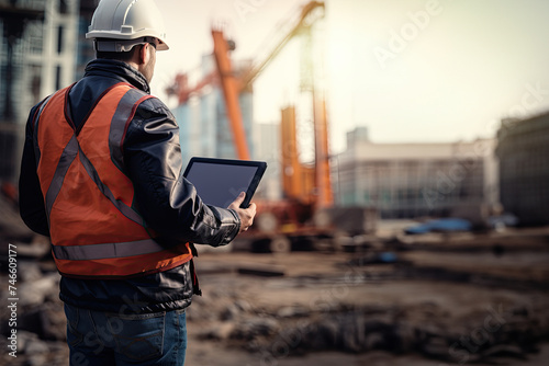 Engineer or architect using a digital tablet at the construction site. Engineering and architecture concept.