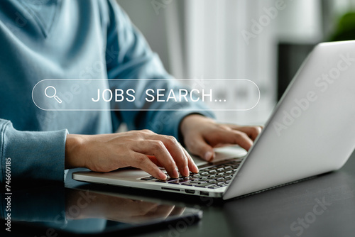Women using laptops with job search engines on screen,.find your occupation career, looking for new vacancies at an online website, recruitment concept photo