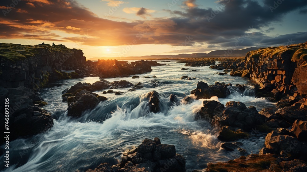 a beautiful waterfall at sunset in iceland, in the style of eye-catching, villagecore, expansive