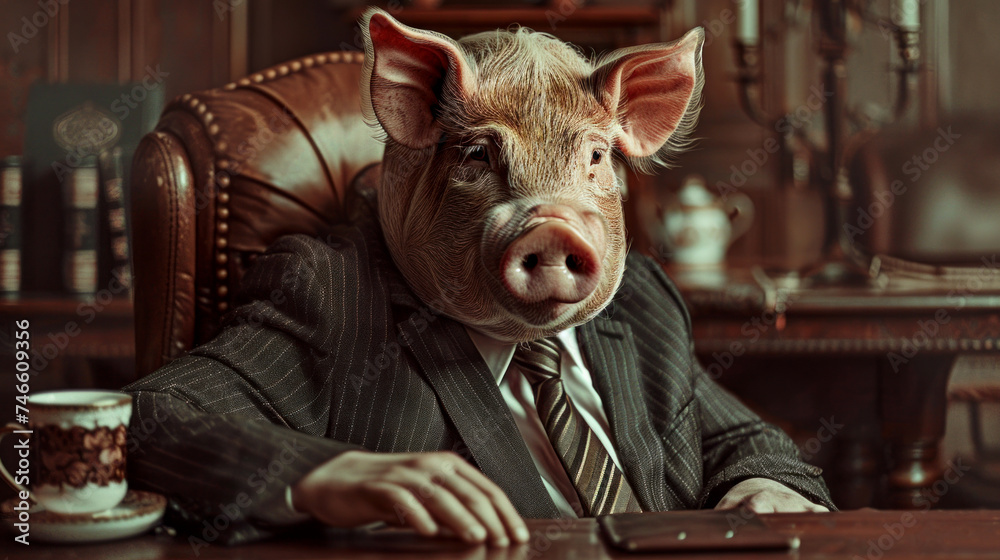 Corrupt politician depicted as a pig sitting at his desk in office