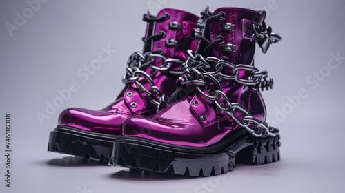 Pair of violet high boots with metal chains, rave party outlook