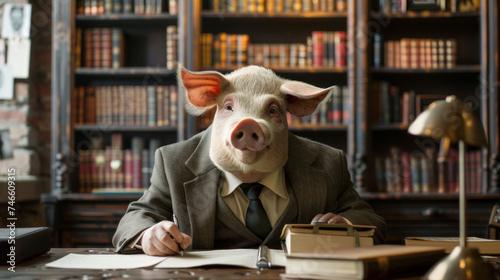 Corrupt politician depicted as a pig sitting at his desk in office