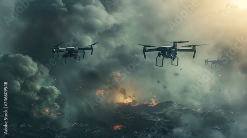 Drones Over Volcanic Eruption - Apocalyptic Surveillance Scene