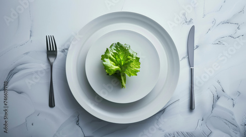 White Plate With Green Leaf, Fork, and Knife