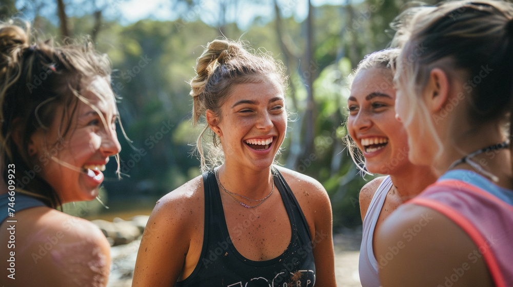 A group of friends laughing together during a fitness boot camp A group of friends laughing together during a fitness boot camp
