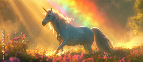 Magic unicorn in blossoming field  fairytale atmosphere