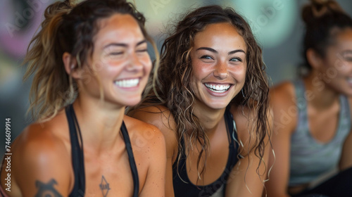 A group of friends laughing together during a fitness boot camp