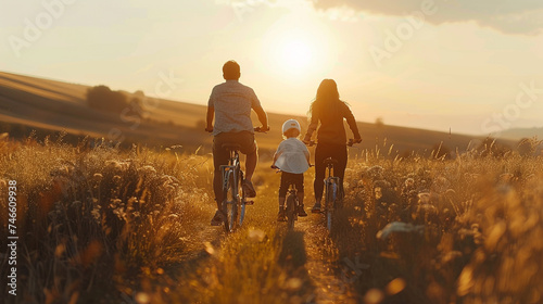 A happy family enjoying a bike ride together in the countryside