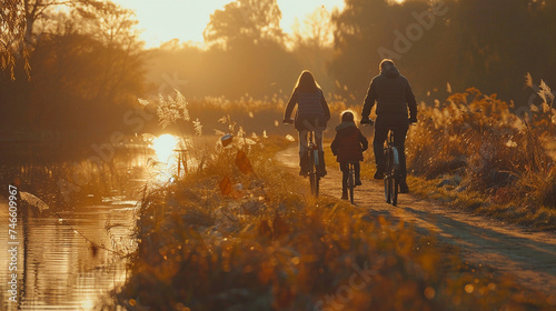 A happy family enjoying a bike ride together in the countryside