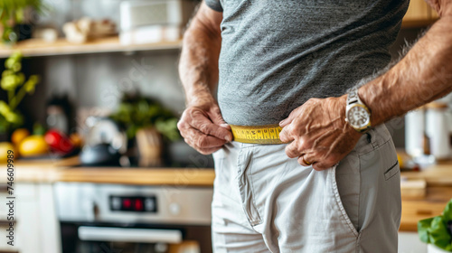A man measuring his waistline as part of a weight management program © Nuchylee